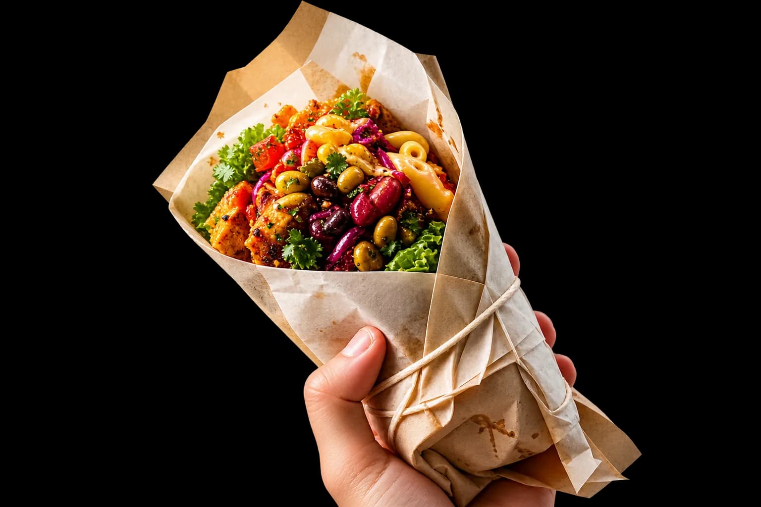 A hand holding a wrap made with real, whole ingredients