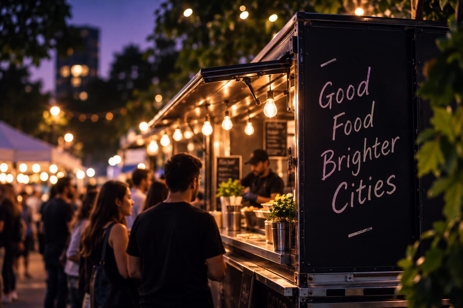 A food truck at a night market with a 'Good Food Brighter Cities' sign and people in line
